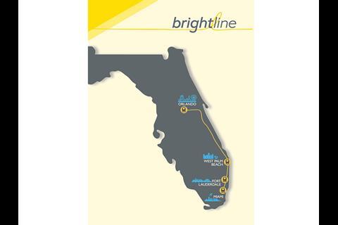 Map of the Virgin Trains USA route in Florida.
